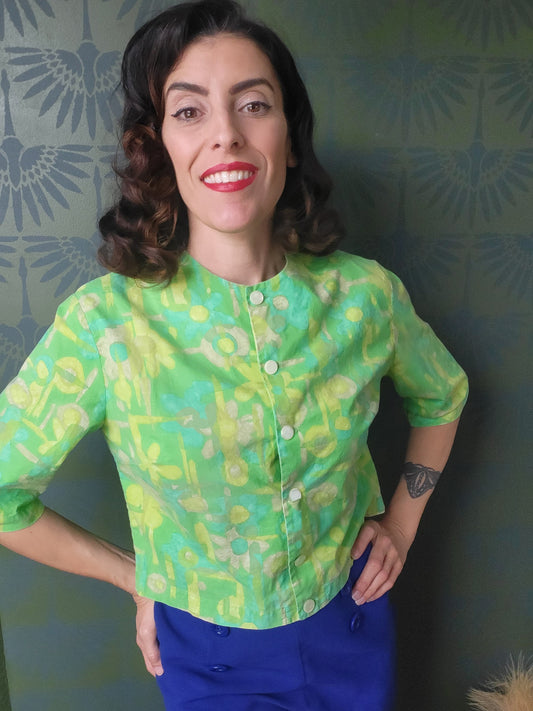 SOLD - Vintage 1950's-1960's Abstract Flower Blouse - Green