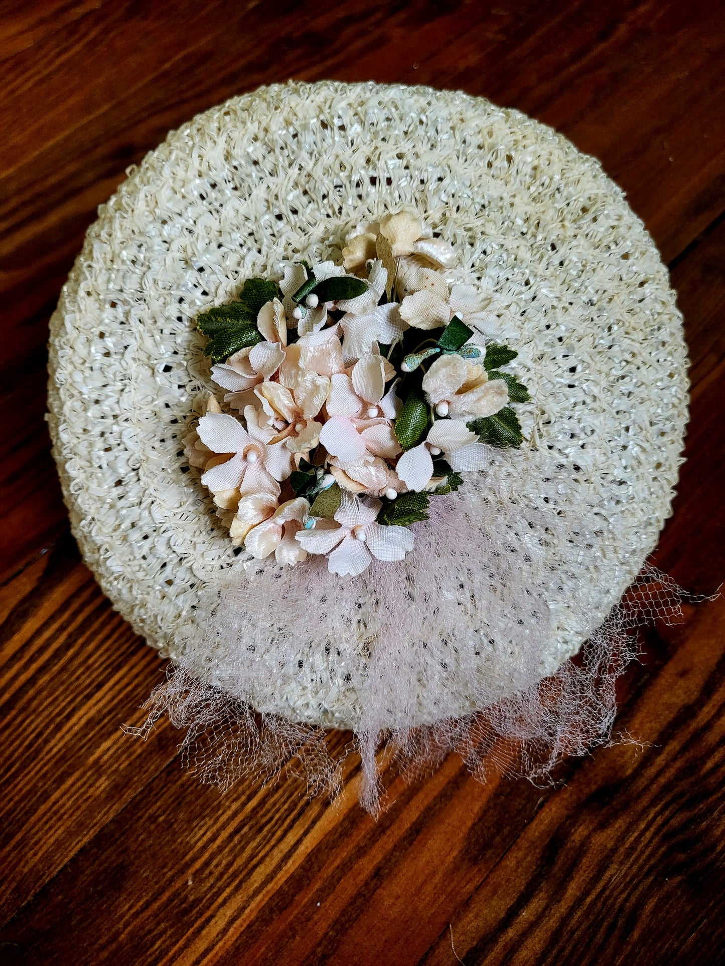 HAT10 - Vintage 1950s-1960s Cinderella Ivory Straw Weave Topper with Pale Pink Flower Adornment and Pink Netting