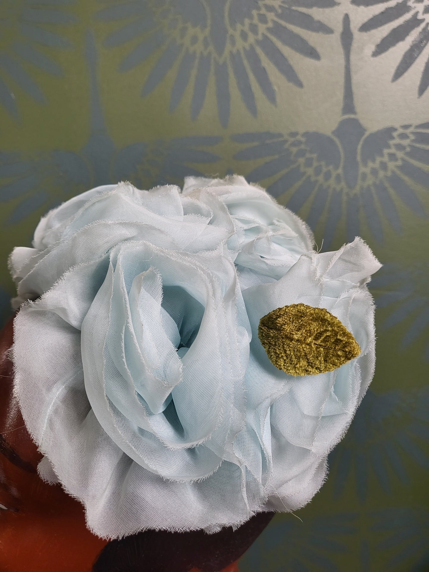 HAT6 - Vintage 1950s-1960s Pale Baby Blue Rosette and Olive Green Velvet Leaf Detail Crescent Topper