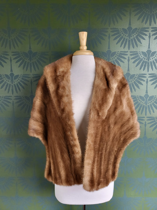 SOLD - Vintage 1950s-1960s Light Brown Mink Fur Stole with Shawl Collar