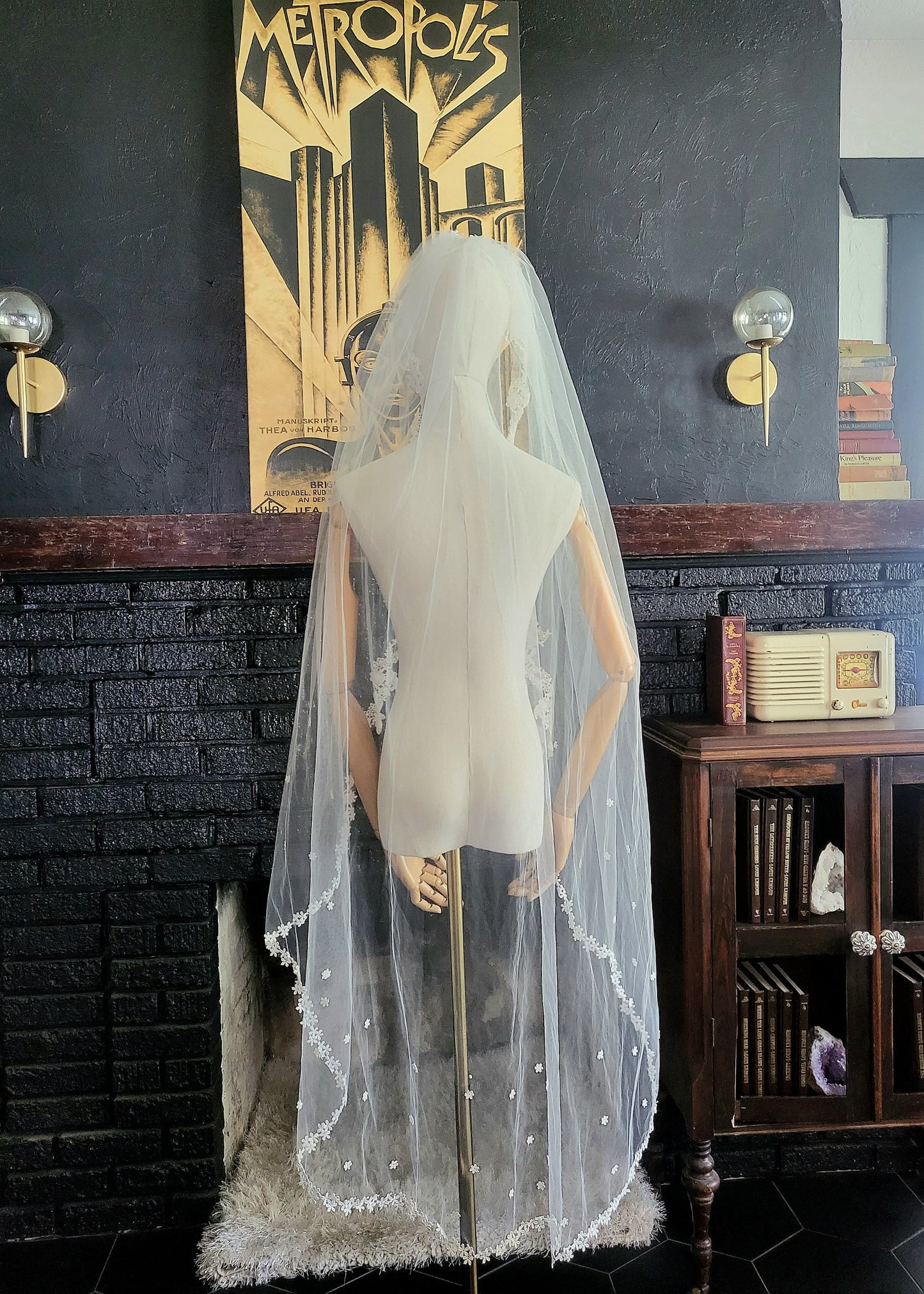 SOLD - Vintage White Lace on Tulle Long Veil