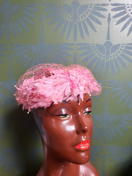 SOLD - Vintage 1950's-1960's Pink Petal Halo Cap with Birdcage Veil