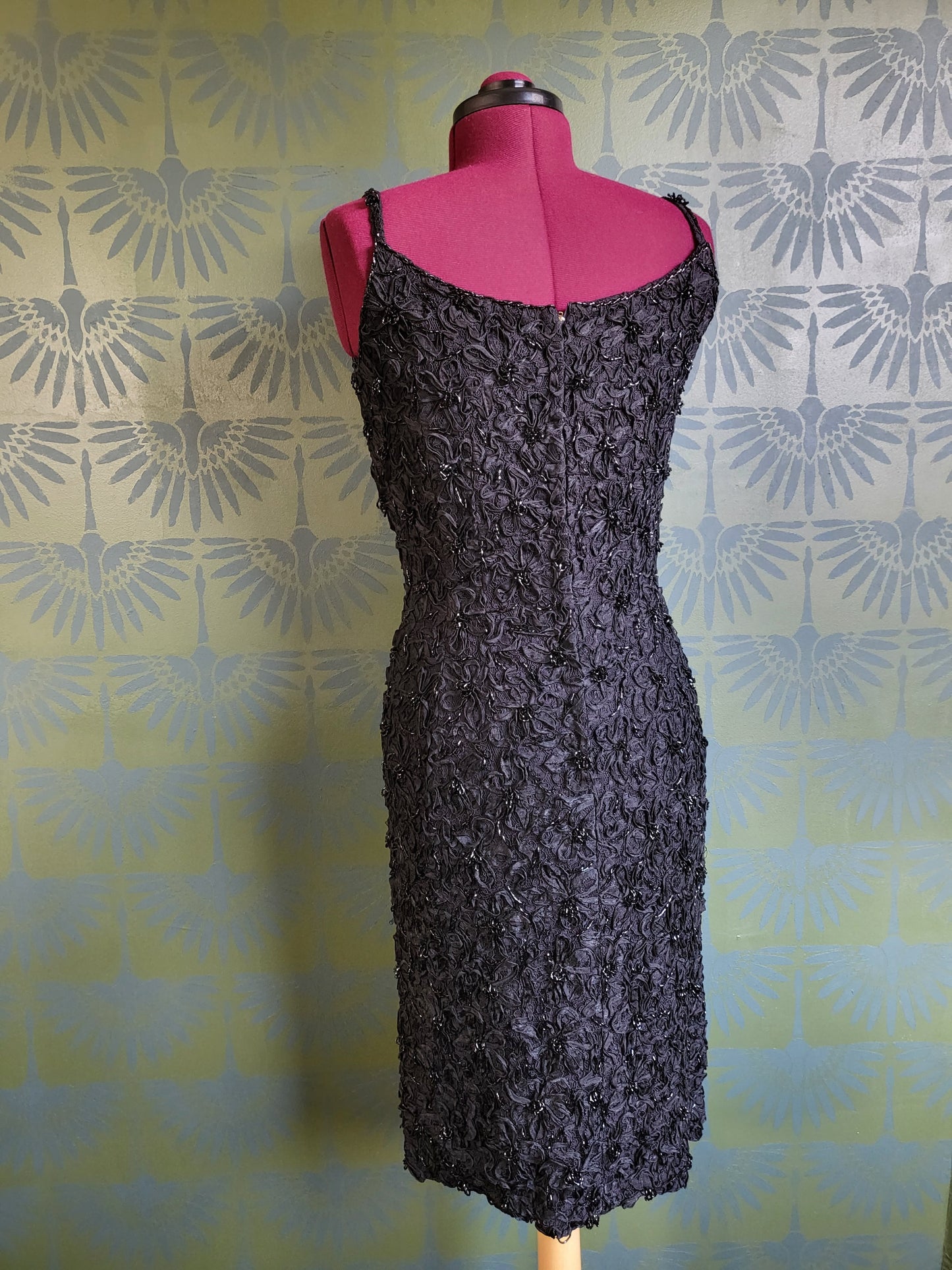 Vintage 1950's-1960's Cavanagh's Black Beaded Lace Wiggle Dress