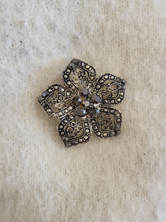 SOLD -Vintage Silver Tone Flower Brooch with Smoky Gray Rhinestone Cluster