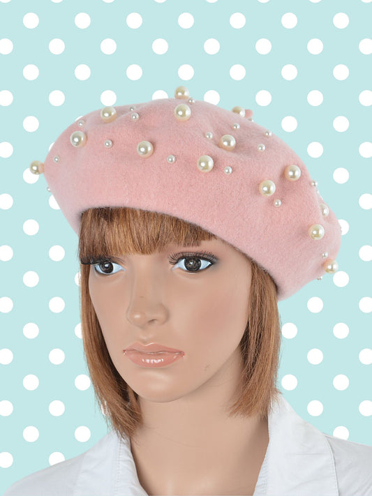 Beret with Pearls - Pink