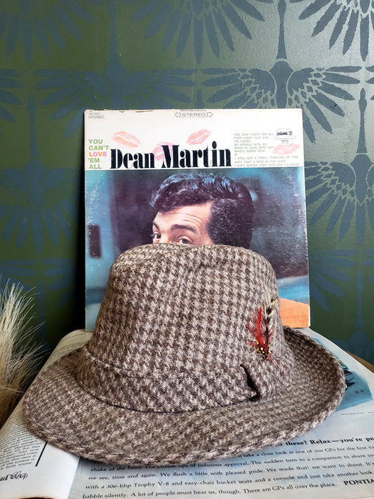 HAT48 - Vintage Adam of New York Houndstooth Stingy Brim Fedora - Tan