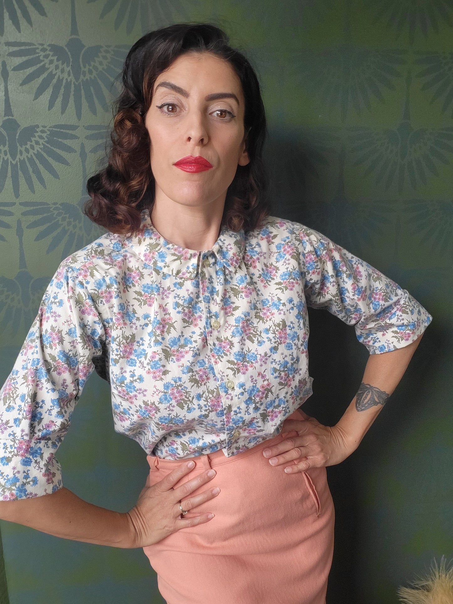 SOLD - Vintage 1950's-1960's Blue Floral Cotton Blouse