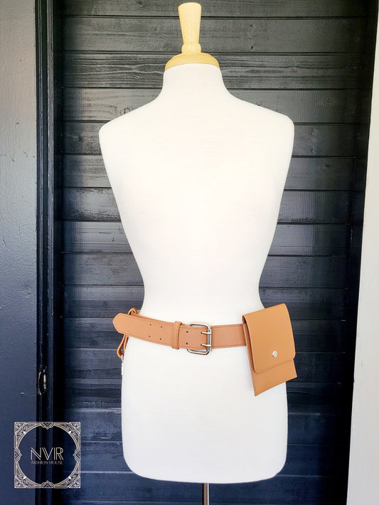 Plus Size Vegan Leather Belt with Pouch-Camel