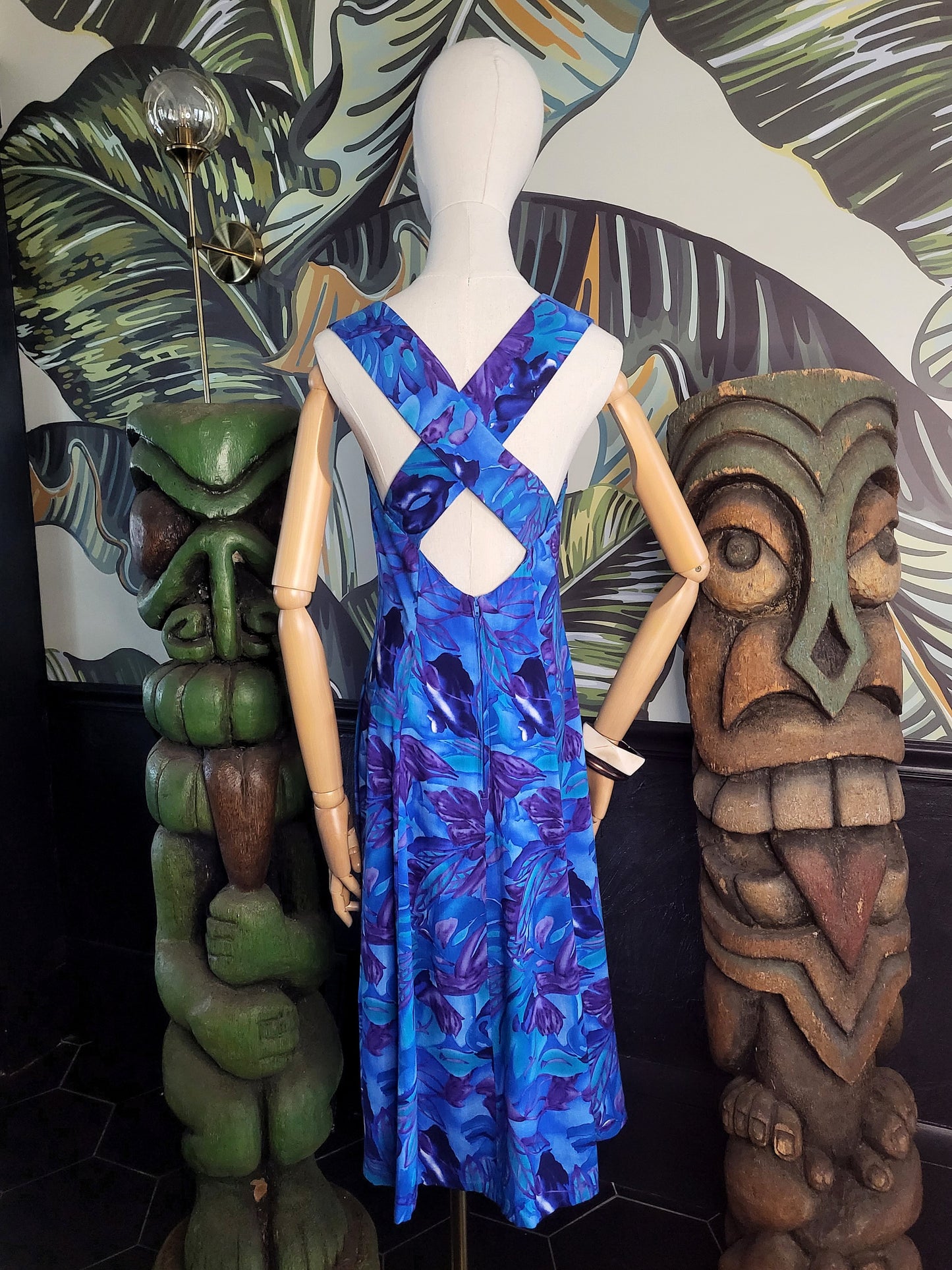 SOLD - Vintage "All That Jazz" Tropical Leaf Print Sun Dress - Blue/Purple