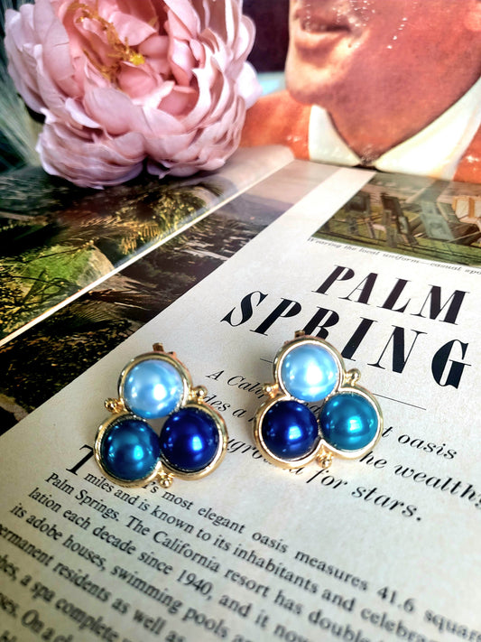 Vintage Tri-Circle Blue and Teal Faux Pearl Studs (Clip-on)