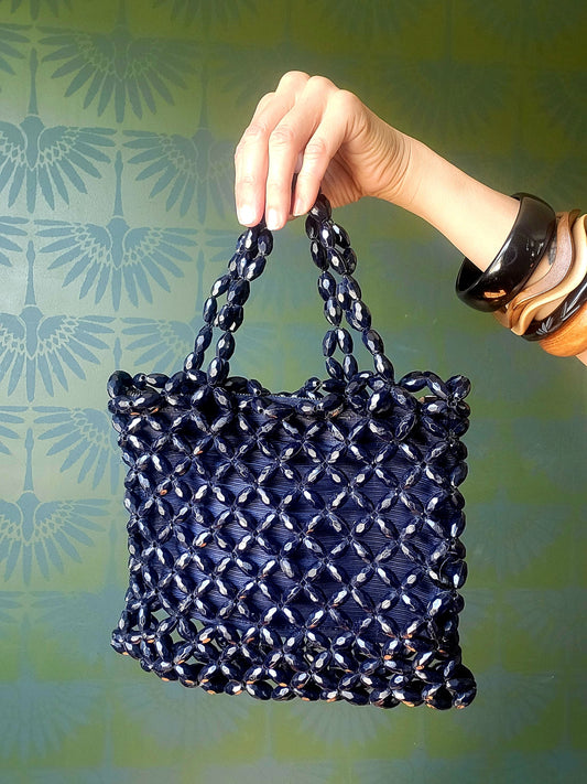 SOLD - Vintage 1950's Dark Navy Lucite Bead Handbag