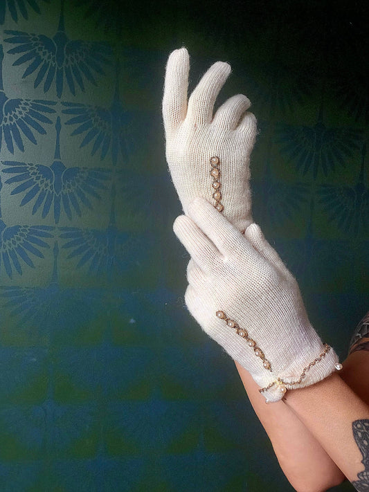 SOLD - Vintage 1950's-1960's Ivory Knit Wool Gloves with Bead Trim