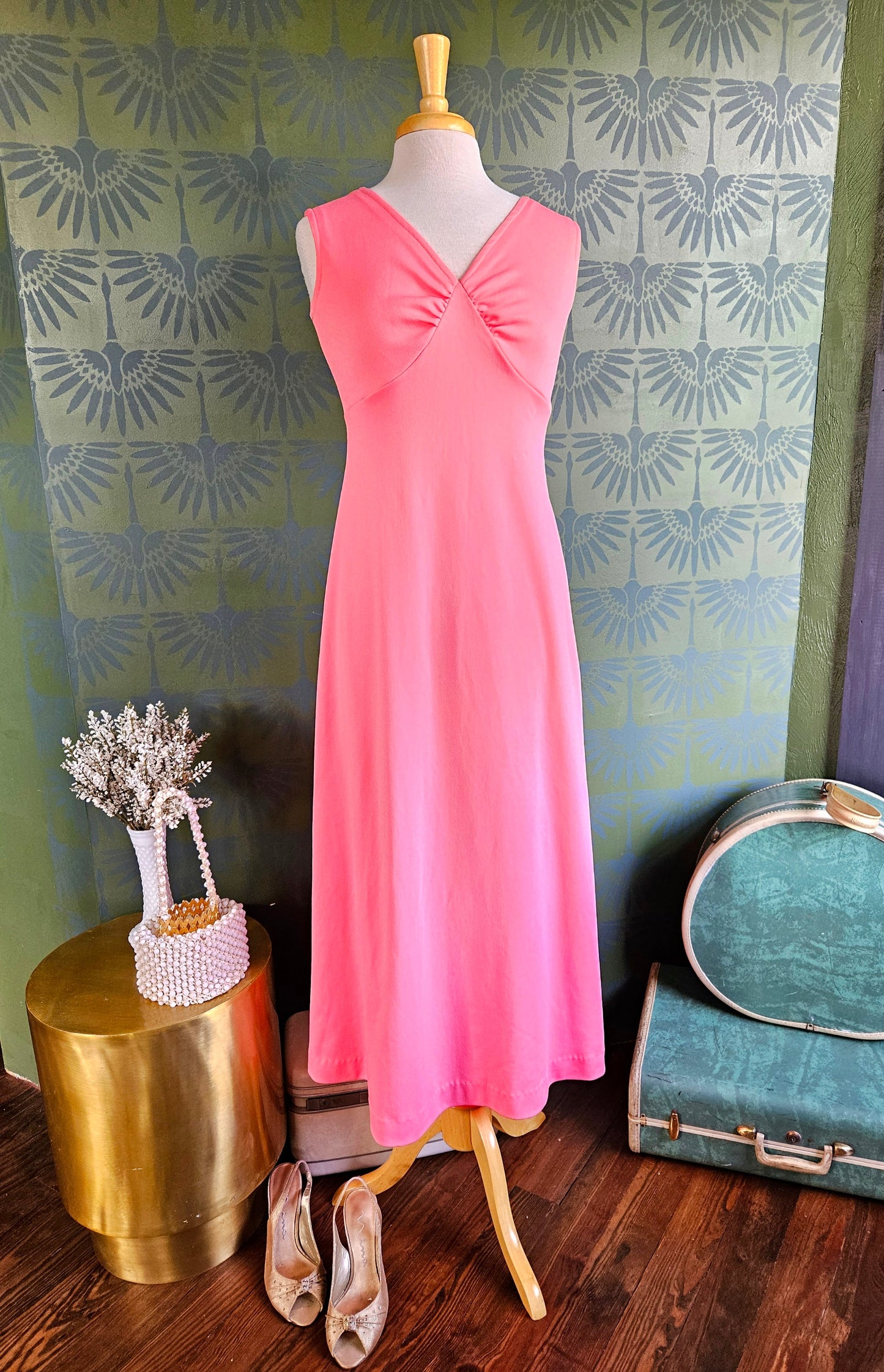 STYLE 1041 - Vintage 1970's "Changes" Pink Maxi Dress with Matching Pink Chiffon Cape