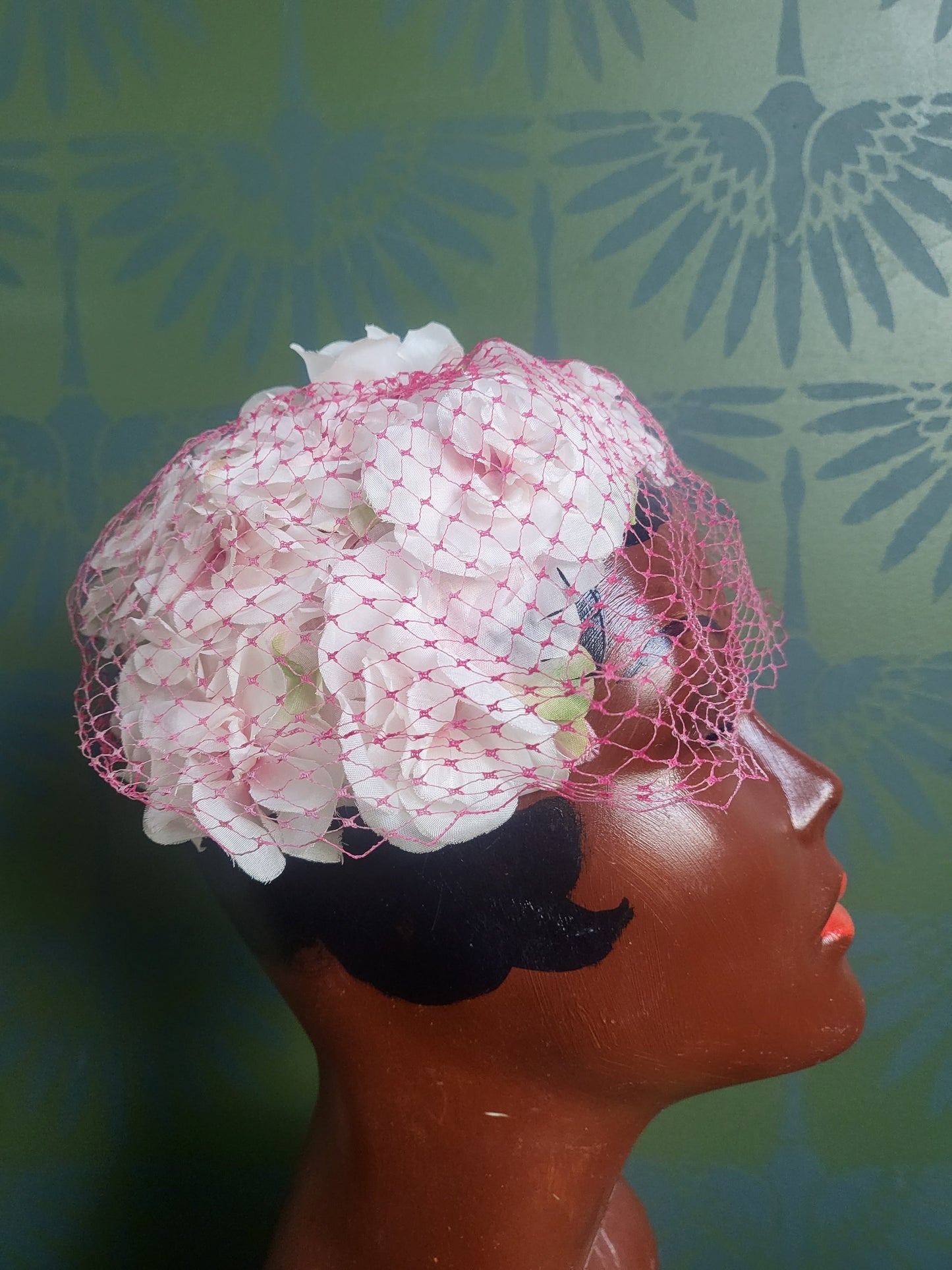 SOLD - Vintage 1950s-1960s White Flower Crescent Topper with Pink Birdcage Veil