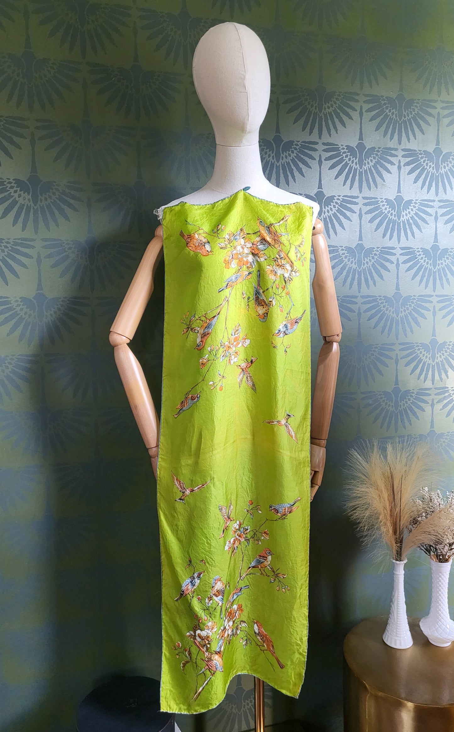 SOLD - Vintage Chartreuse Silk Rectangle Scarf with Birds