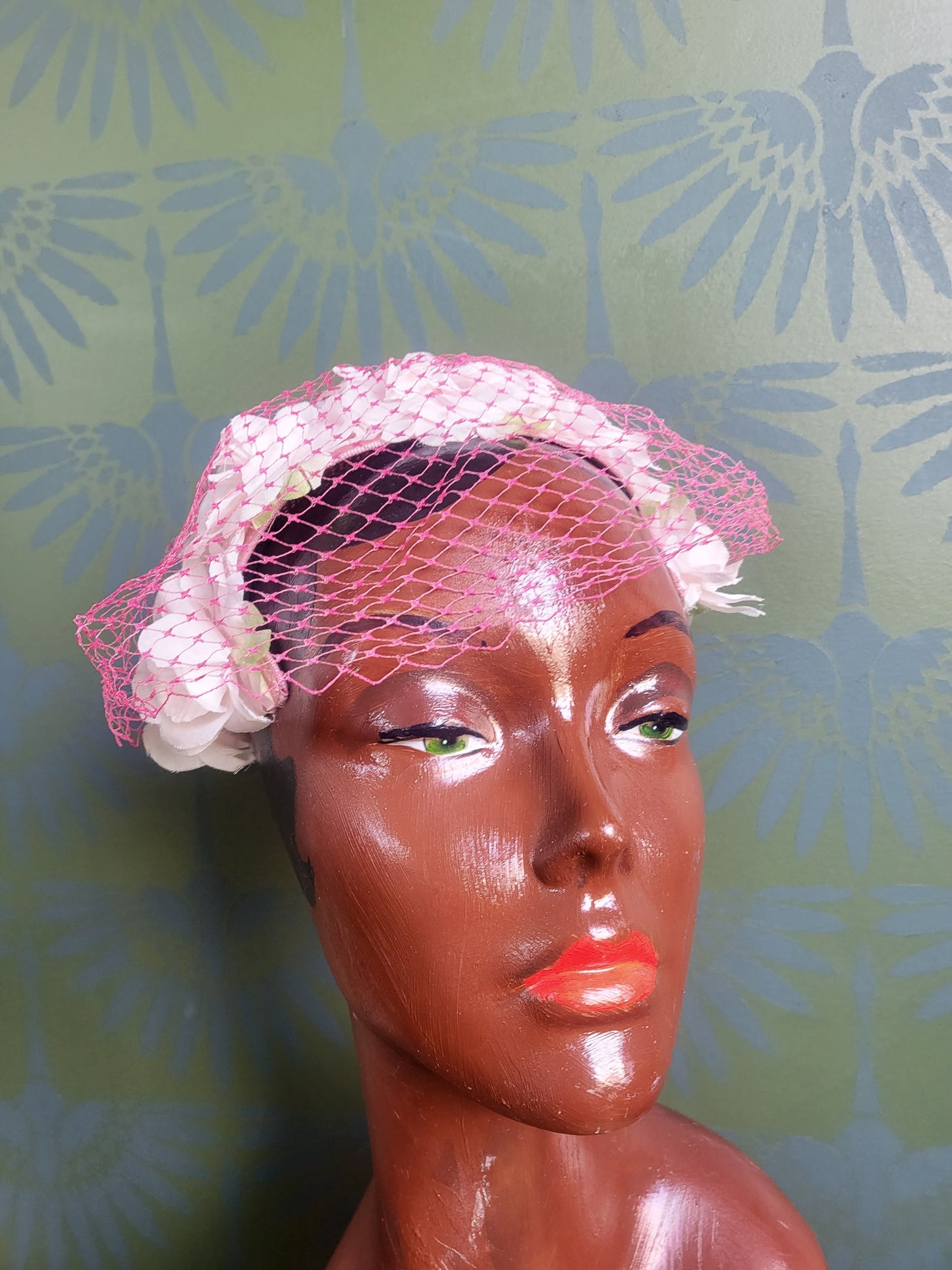 SOLD - Vintage 1950s-1960s White Flower Crescent Topper with Pink Birdcage Veil