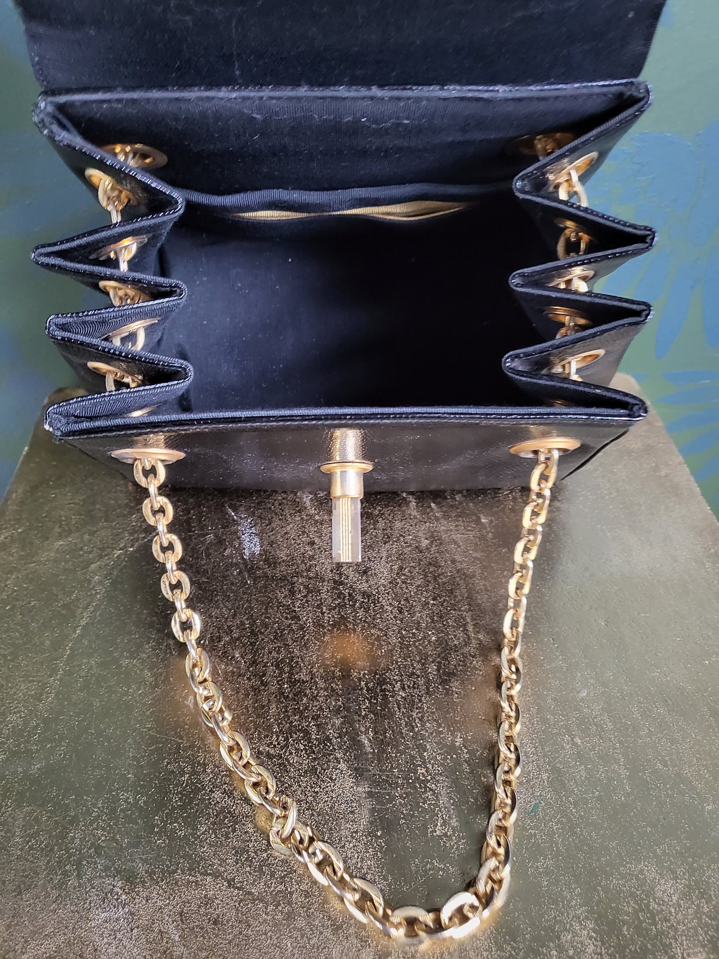 SOLD - Vintage 1950's-1960's Black Reptile Handbag with Golden Chain Handles