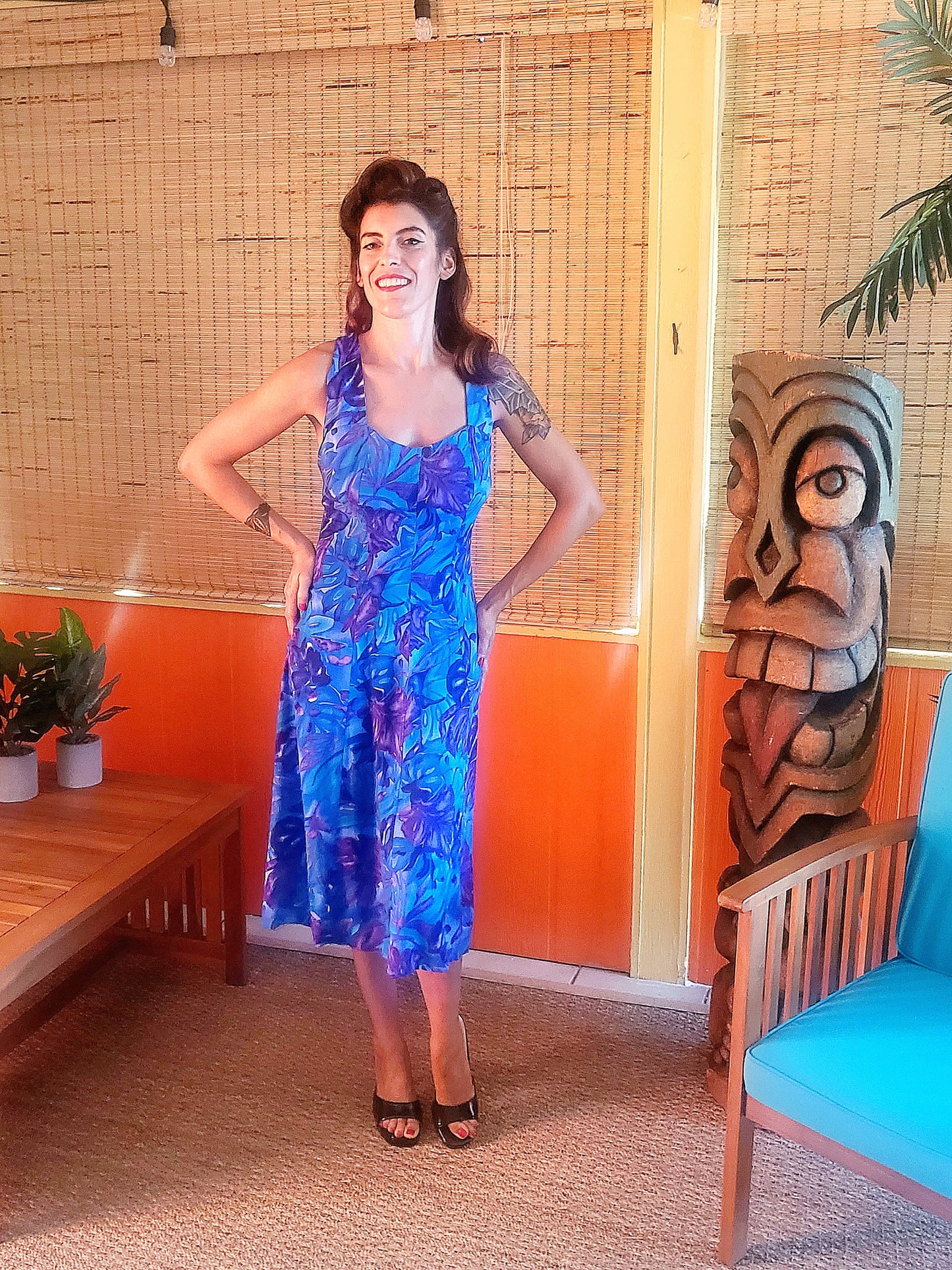 SOLD - Vintage "All That Jazz" Tropical Leaf Print Sun Dress - Blue/Purple