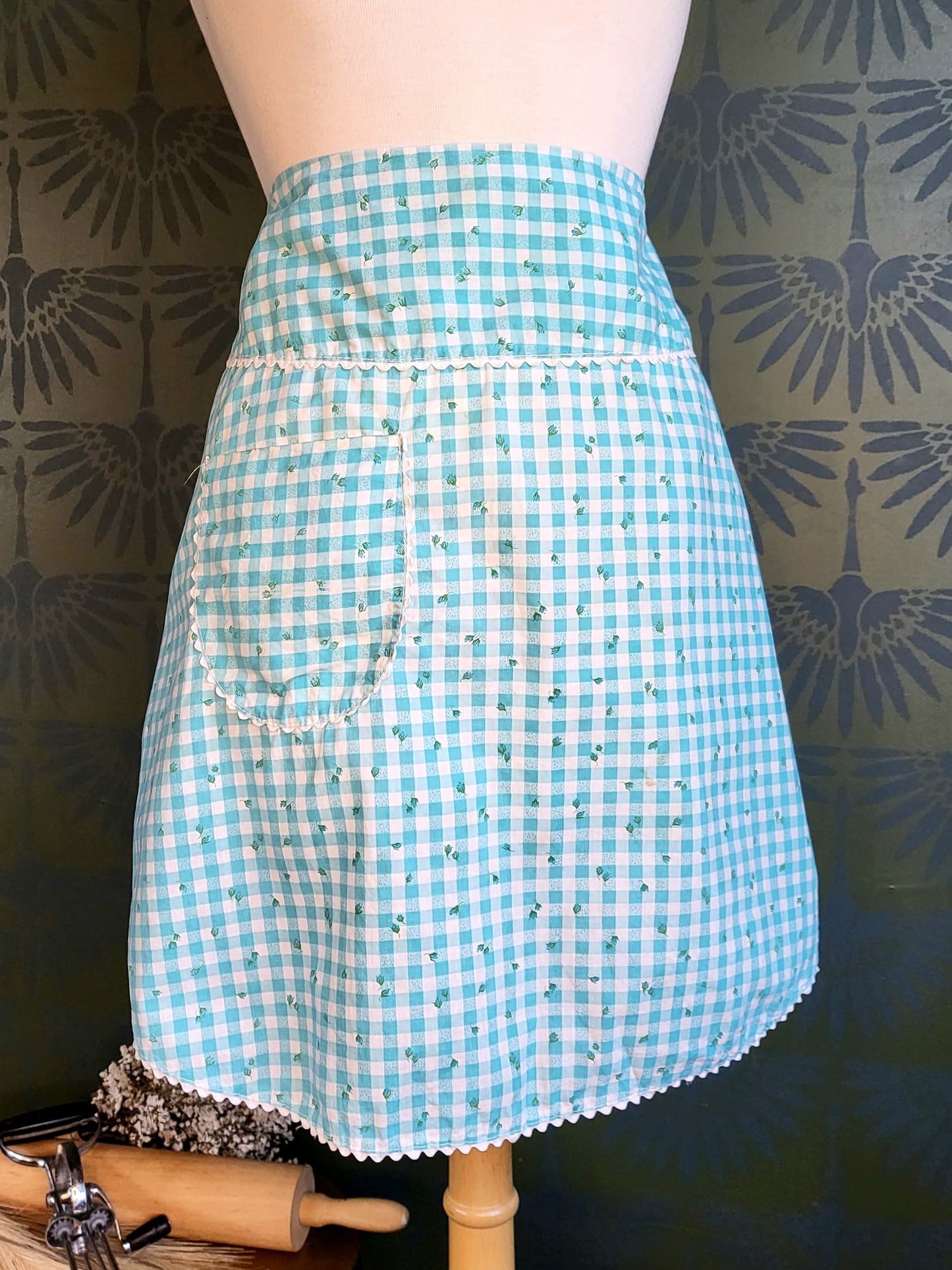 SOLD - Vintage Blue Floral Gingham Half Apron