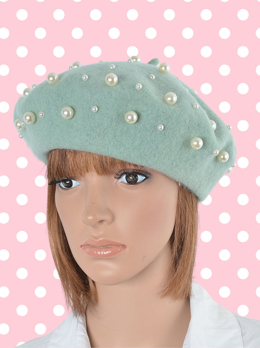 Beret with Pearls - Mint