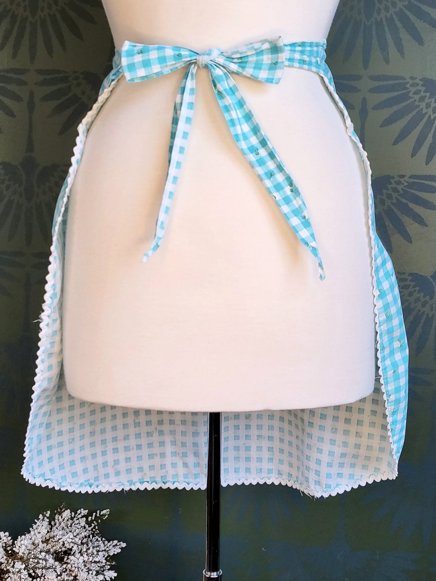 SOLD - Vintage Blue Floral Gingham Half Apron