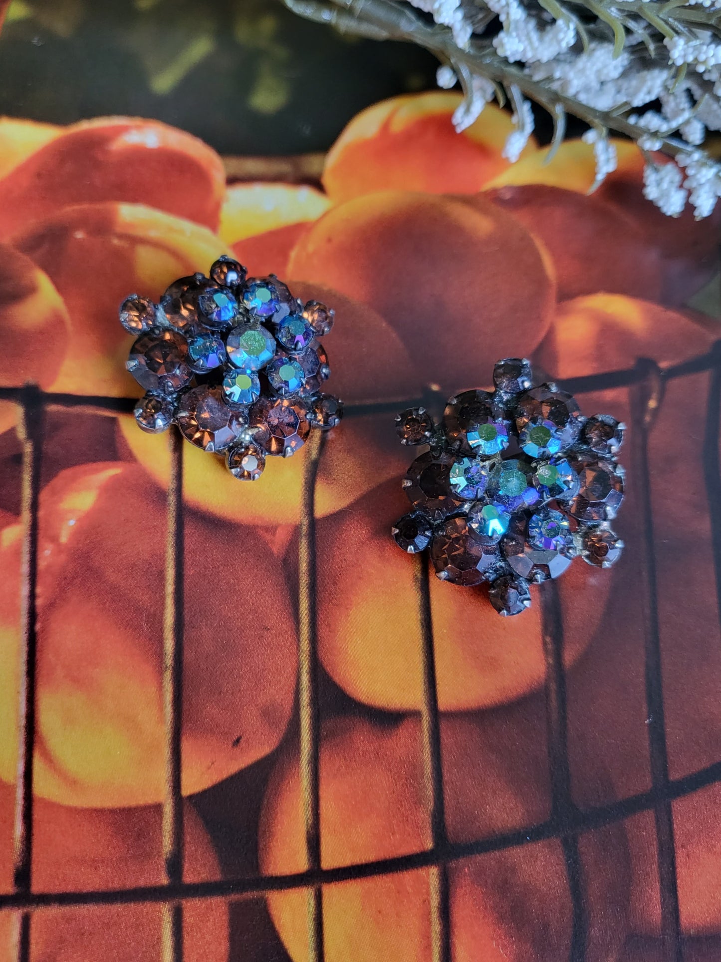 SOLD - Vintage 1950's -1960's Amber & Aurora Cluster Earrings (Clip-on)