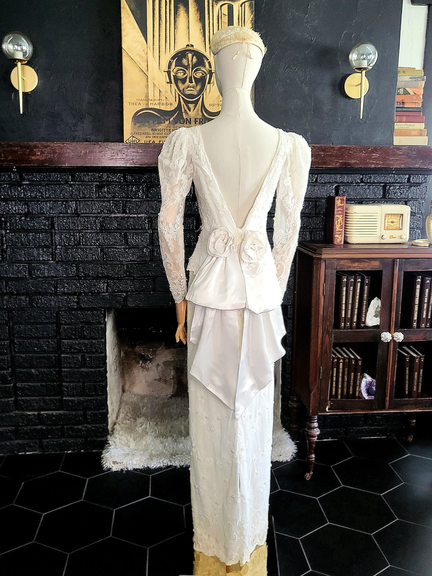 STYLE 1002 - Vintage "1980's Does 1940's" Light Ivory Beaded Lace over Satin Wedding Gown