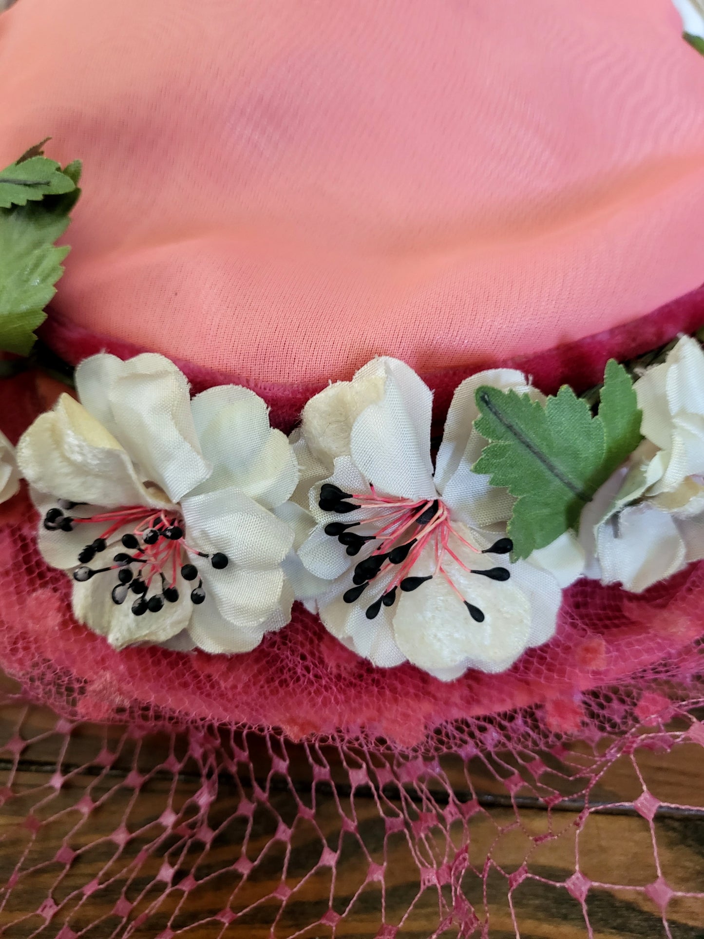 SOLD - Vintage 1950's Pink Fabric and Flower Circle Topper with Birdcage Veil