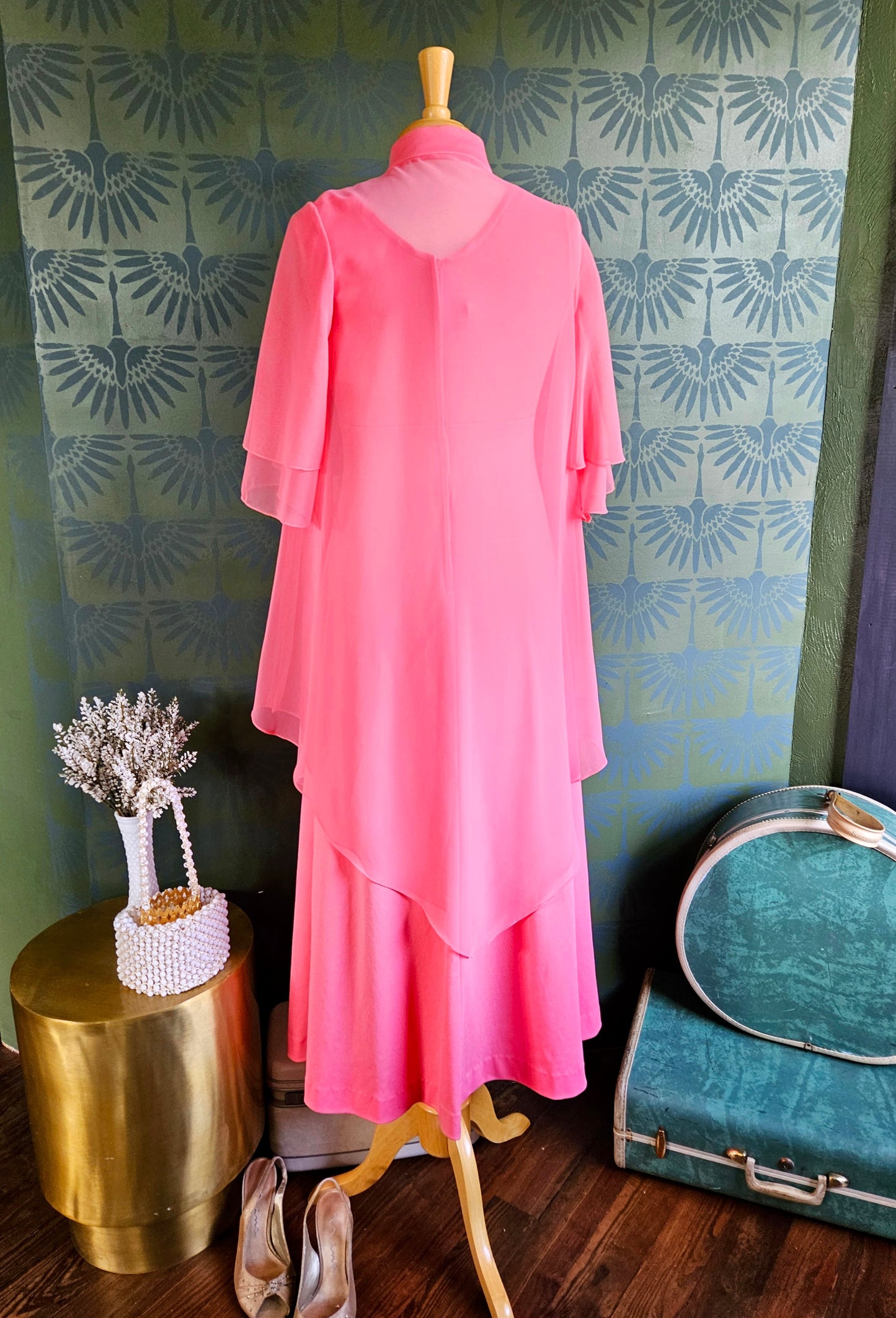 STYLE 1041 - Vintage 1970's "Changes" Pink Maxi Dress with Matching Pink Chiffon Cape