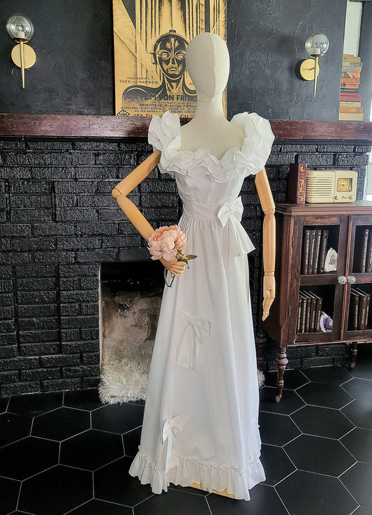 STYLE 1012 - Vintage 1970's-1980's White Off the Shoulder Ruffle Neck Wedding Gown