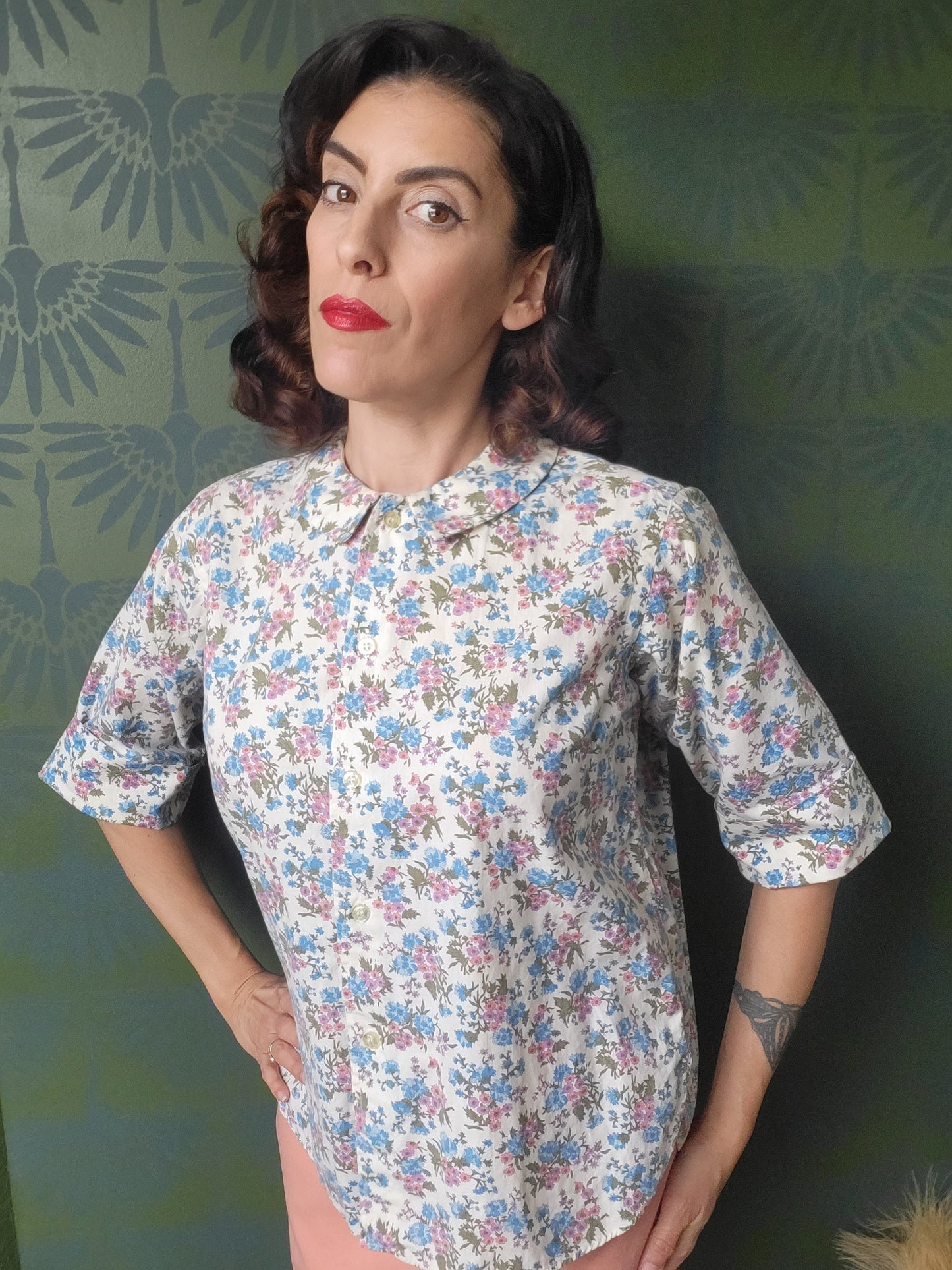 SOLD - Vintage 1950's-1960's Blue Floral Cotton Blouse