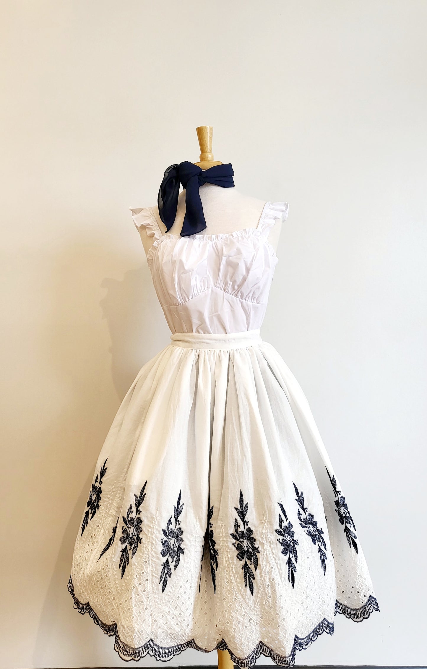 White with Navy Eyelet Swing Skirt