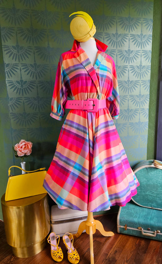 SOLD - Vintage 1980's "j. ellis" 1950's Style Rainbow Shirtwaist Dress