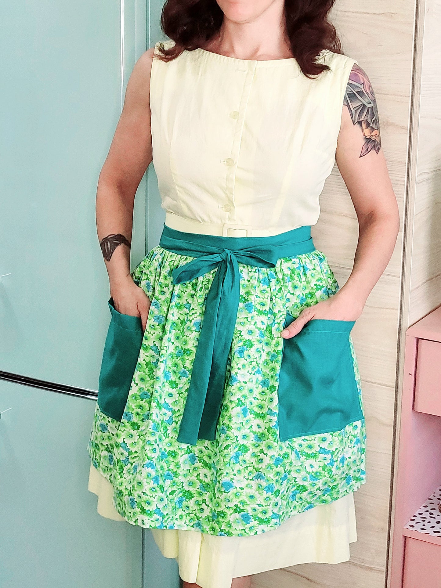 Apron 01Rep - Teal & Green Floral Half Apron