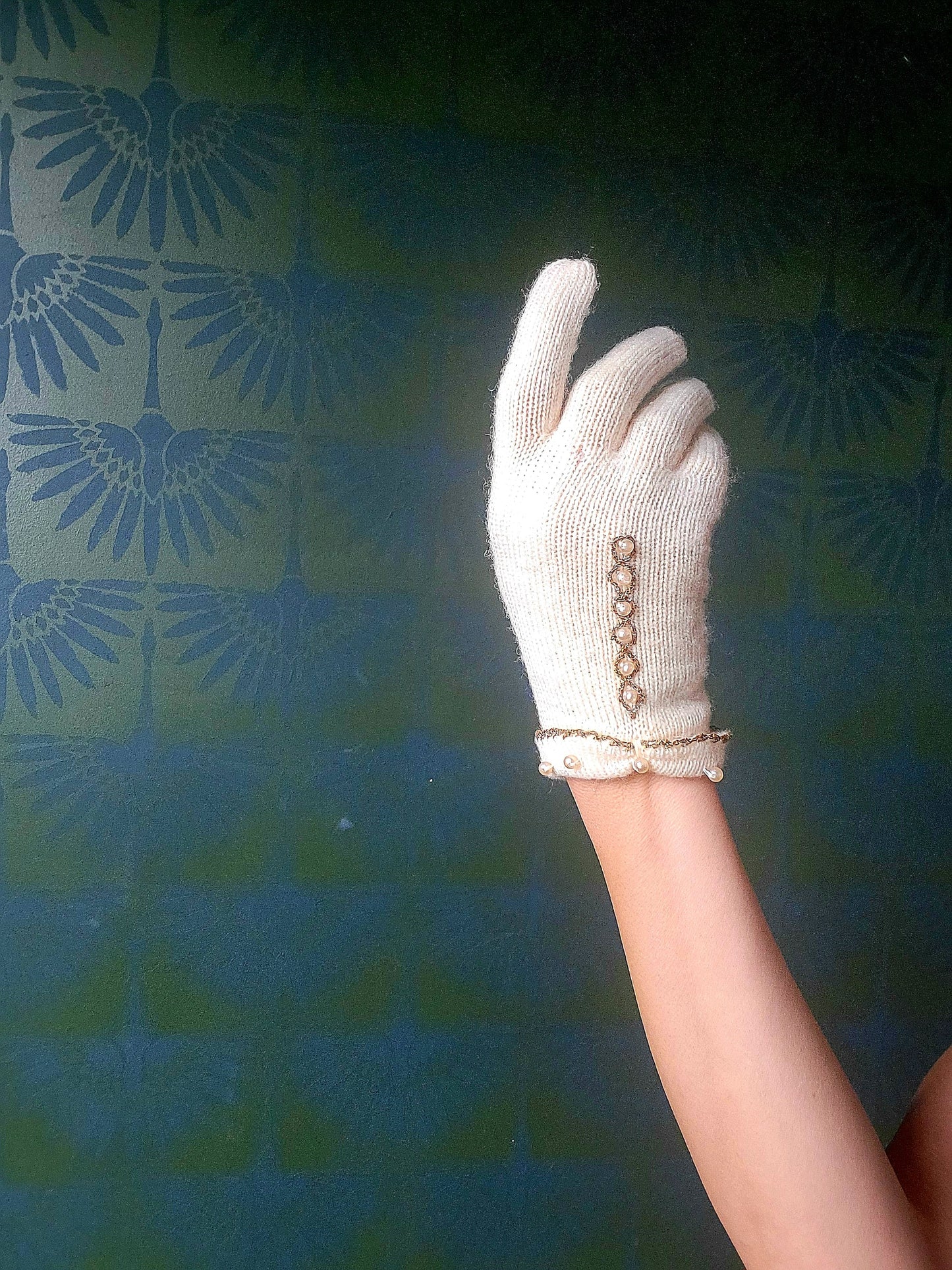 SOLD - Vintage 1950's-1960's Ivory Knit Wool Gloves with Bead Trim