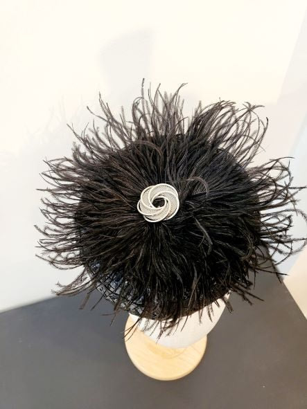 SOLD - Vintage Black Woven Fascinator Hat with Feathers