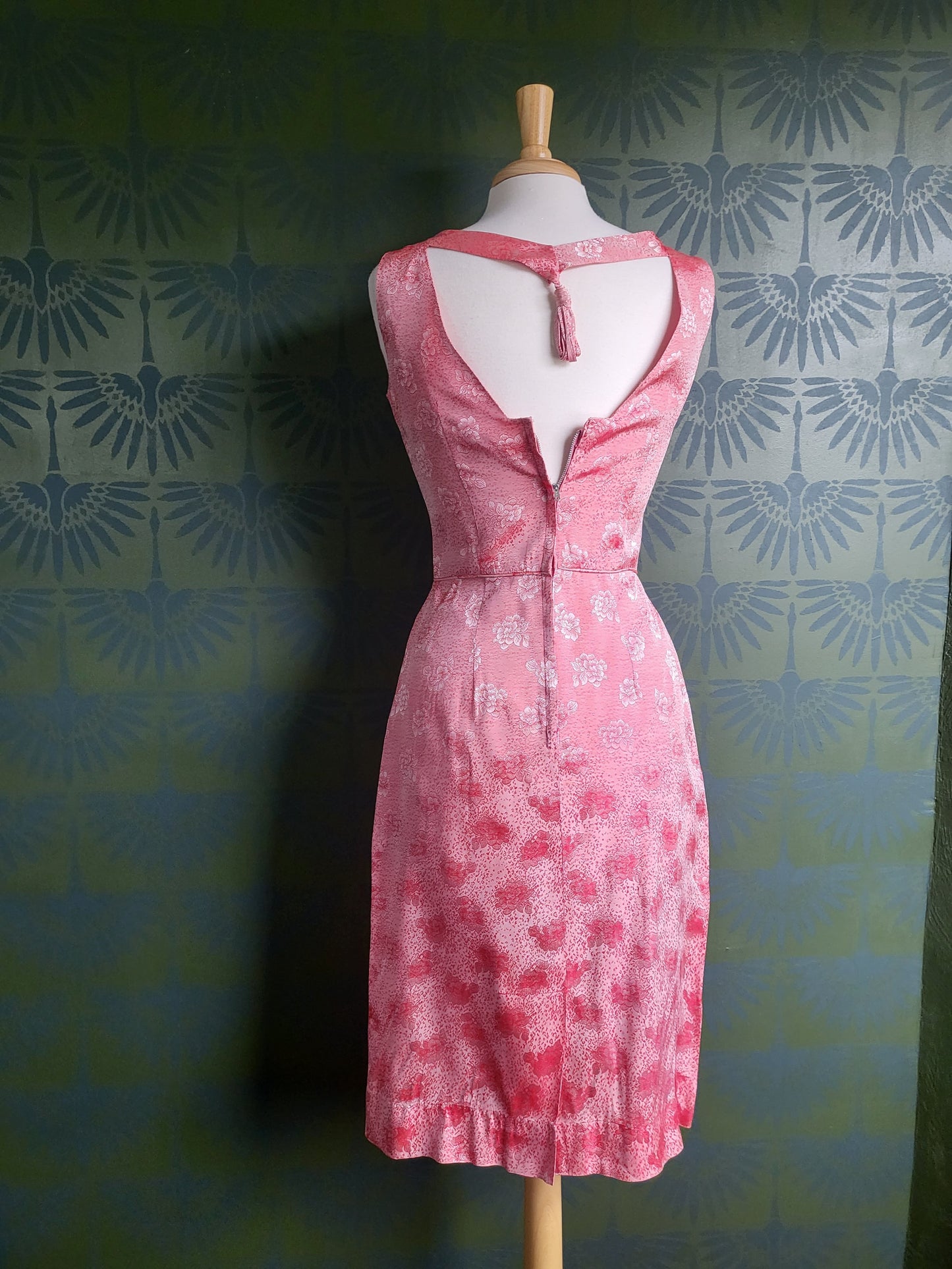 SOLD - Vintage 1950s-1960s Flair of Miami Pink Satin Floral Wiggle Cocktail Dress