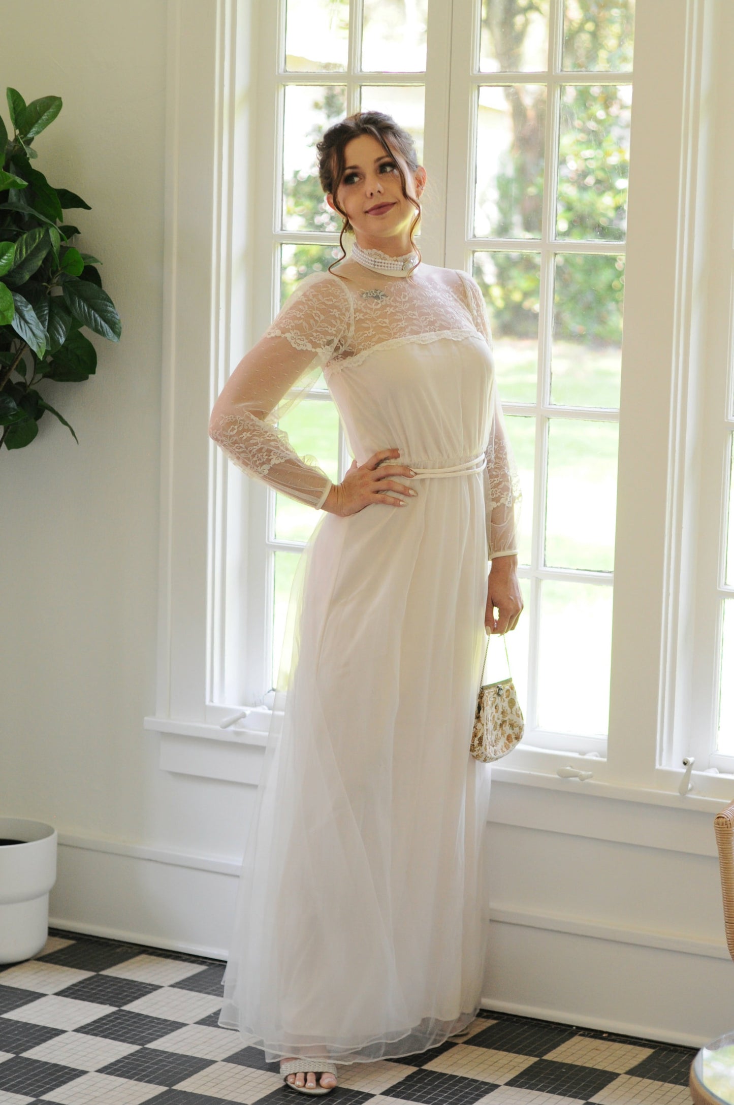 STYLE 1003 -Vintage 1970's-1980's High Collar Lace Bodice Wedding Dress