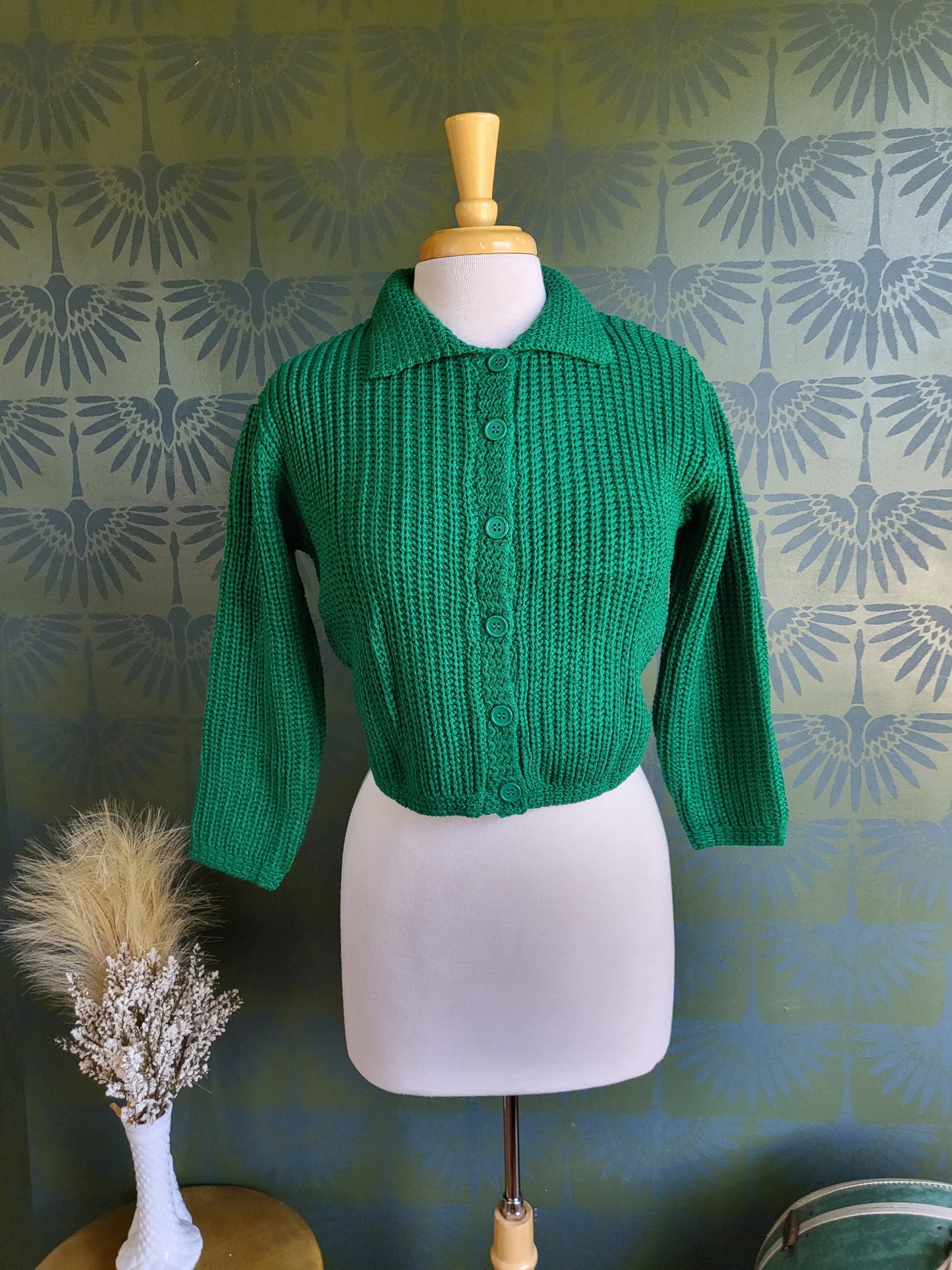 STYLE 5011 - Knit Cropped Collared Cardigan Sweater (Emerald)