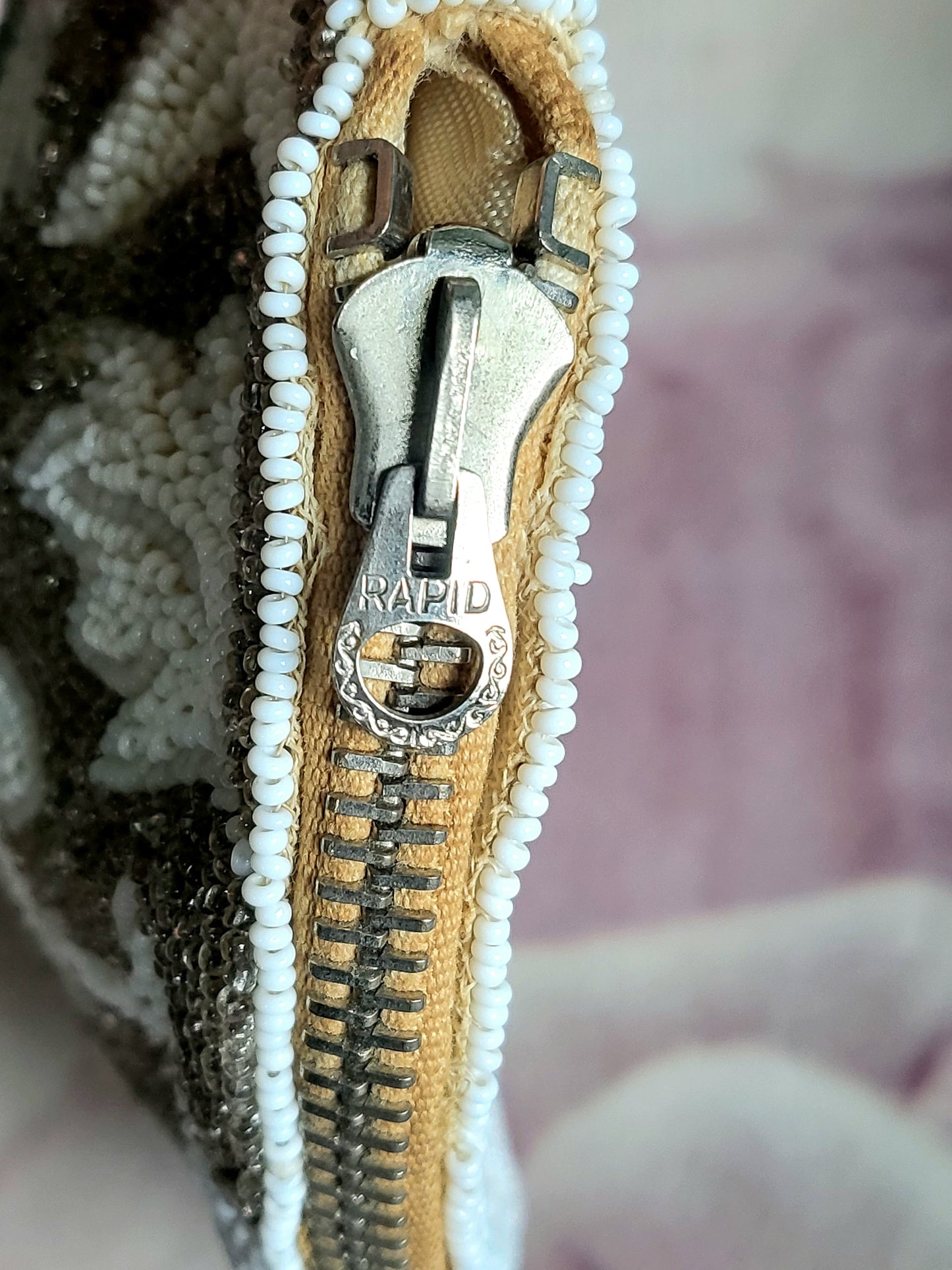 SOLD - Vintage 1930s Hand Beaded Palm Clutch - Silver and White