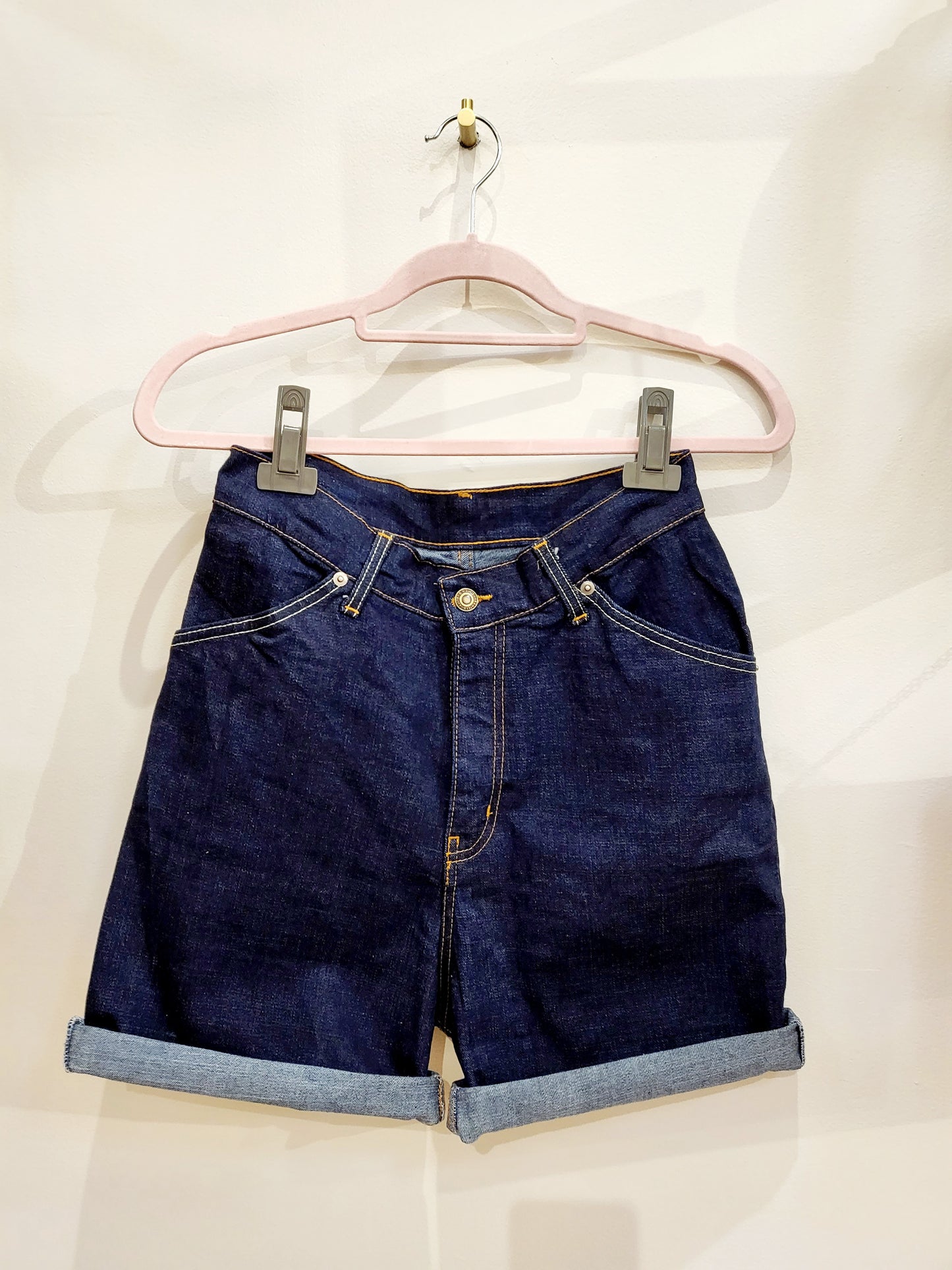 High Waisted Denim Shorts-Yellow Pocket Stitching