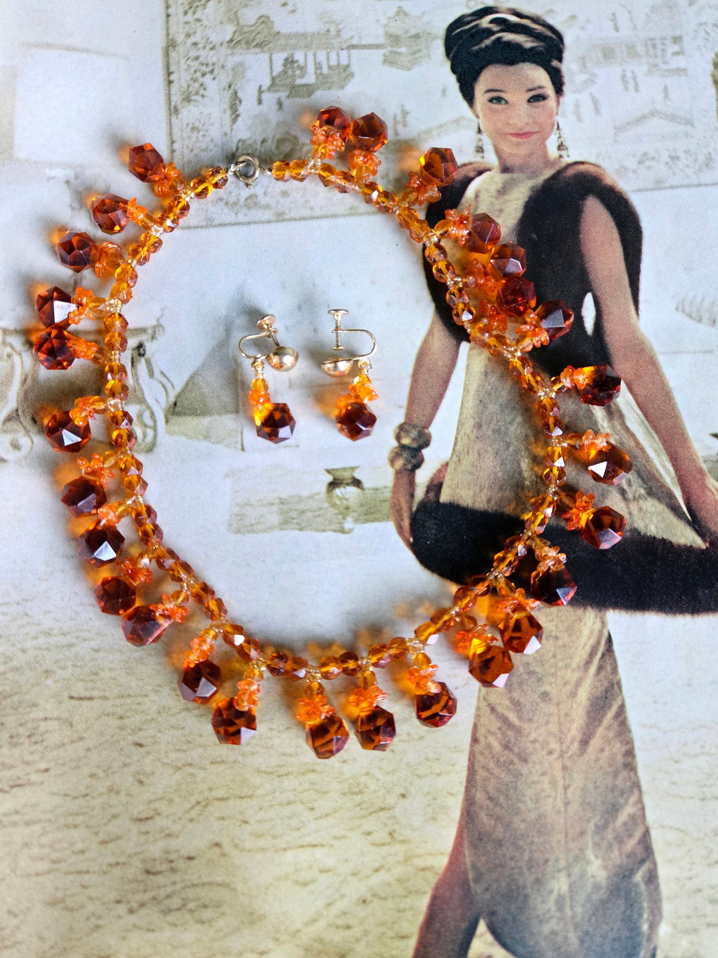 STYLE 7022 - Vintage Translucent Pumpkin Faux Crystal Bead Necklace and Earring Set