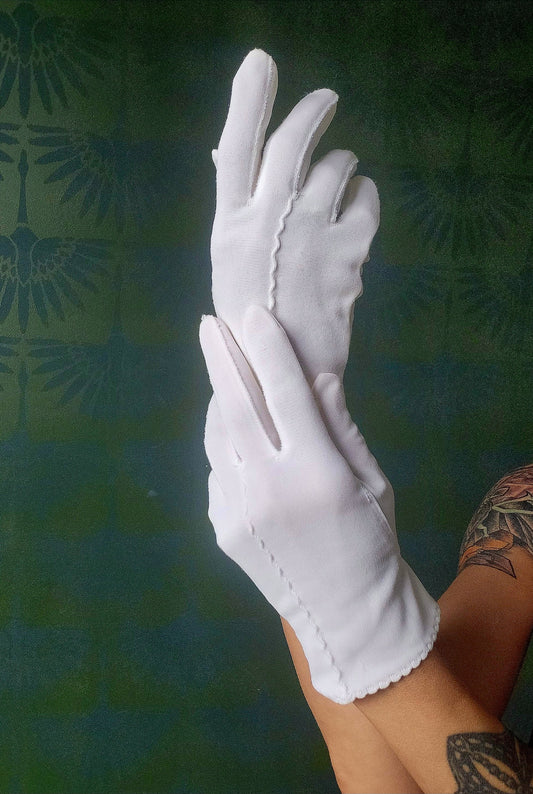 SOLD - Vintage 1950's-1960's White Nylon Gloves with Micro-Scalloped Edges