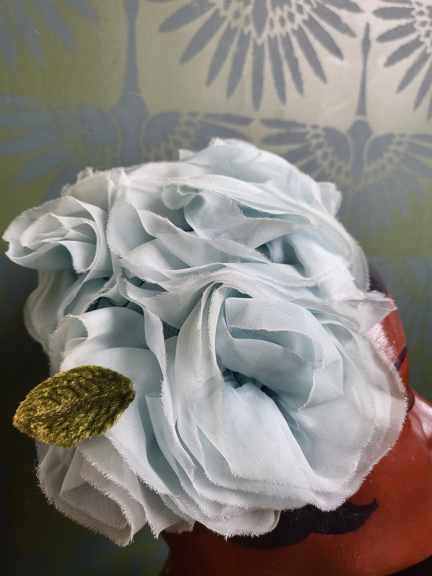 HAT6 - Vintage 1950s-1960s Pale Baby Blue Rosette and Olive Green Velvet Leaf Detail Crescent Topper