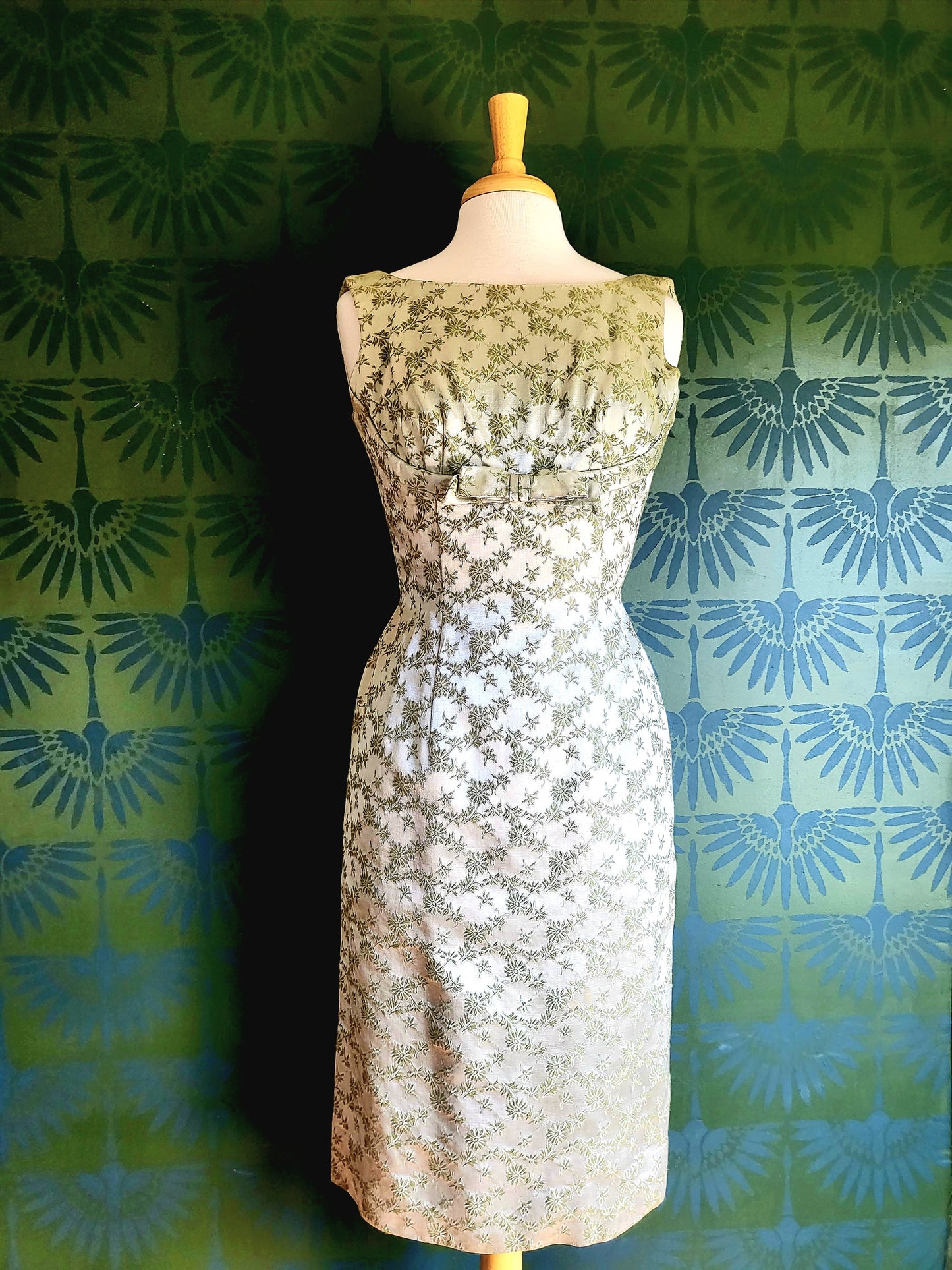 Vintage 1950's-1960's Carol Craig Sage Green Brocade Wiggle Dress with Bolero