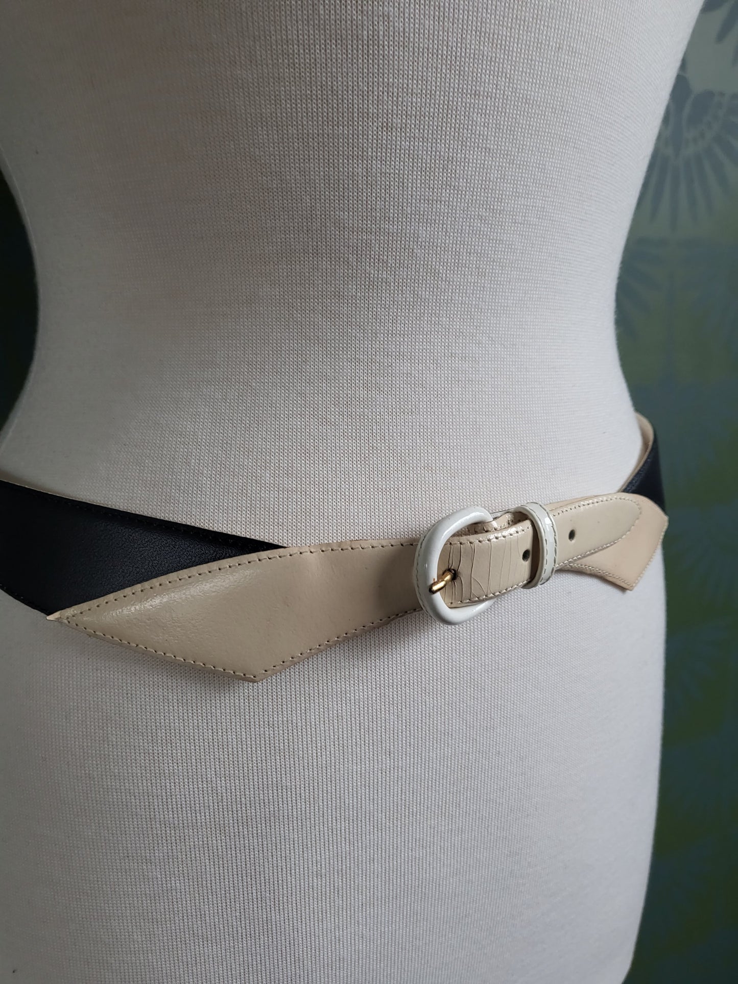 Vintage "Rodier" Black and Ivory Leather Deco Style Belt