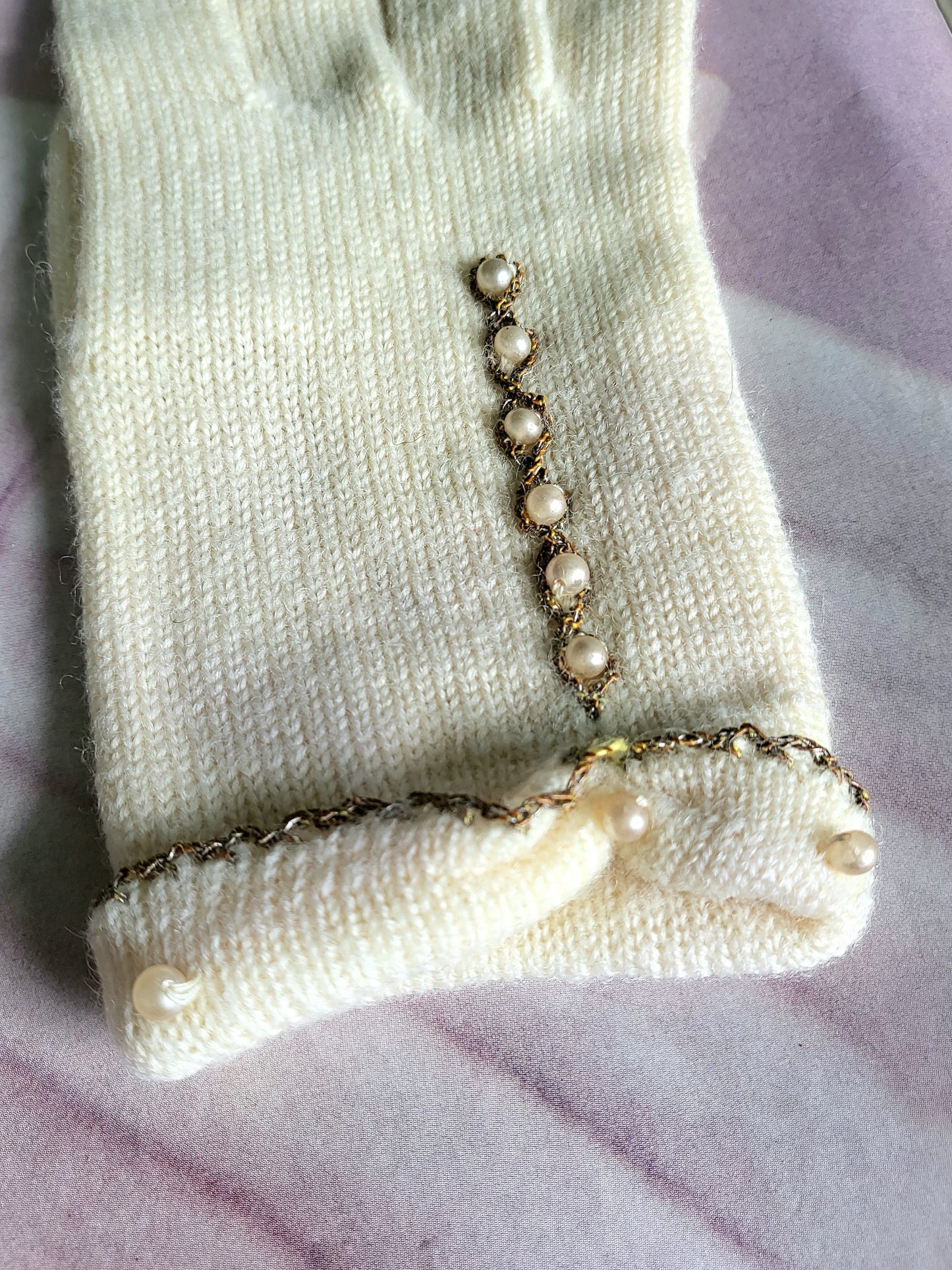 SOLD - Vintage 1950's-1960's Ivory Knit Wool Gloves with Bead Trim