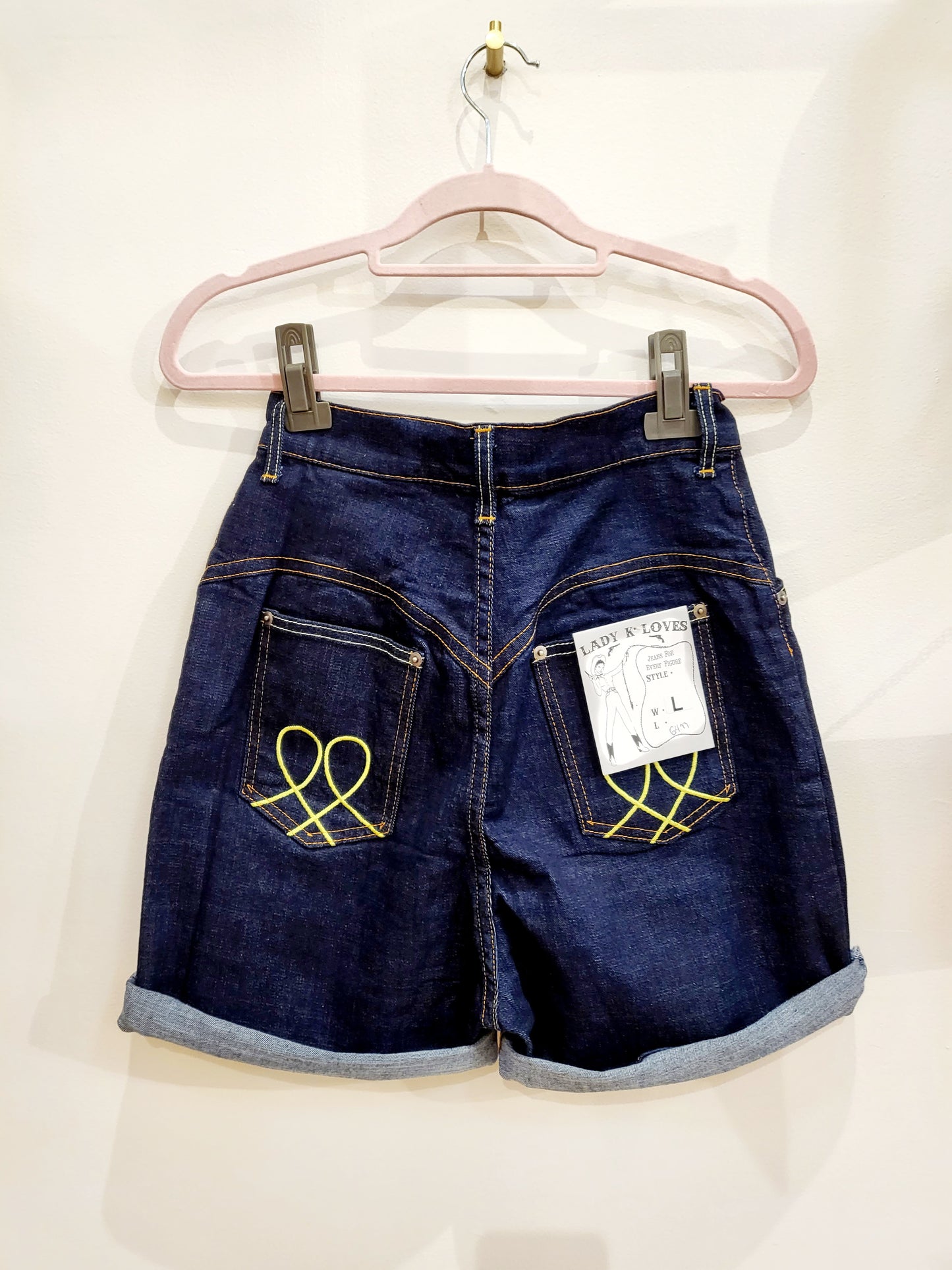 High Waisted Denim Shorts-Yellow Pocket Stitching