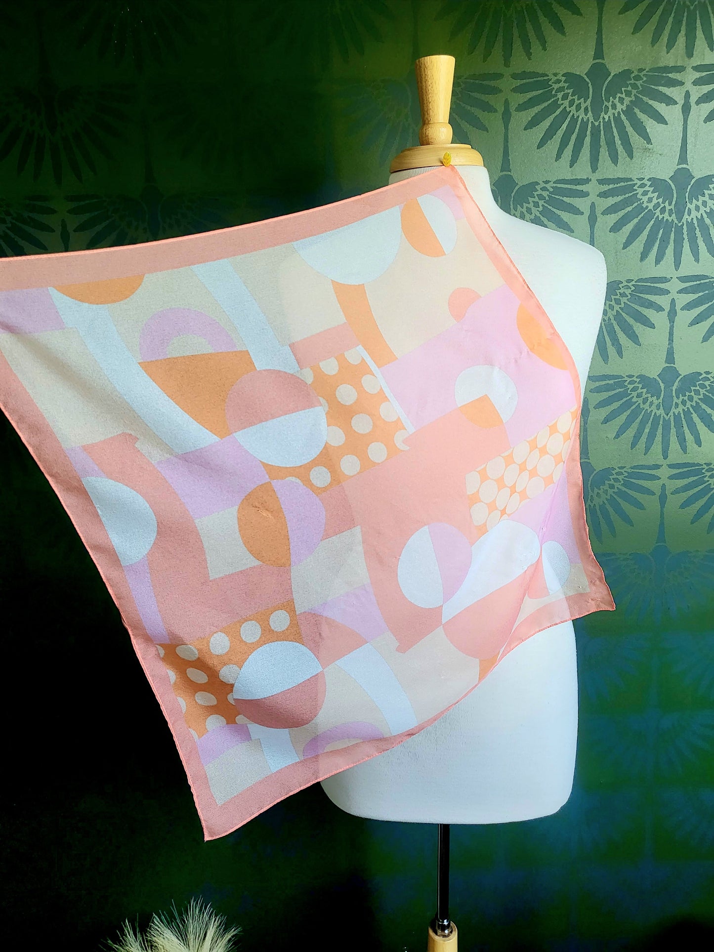 SOLD - Vintage Abstract Dot Square Scarf - Pink & Peach