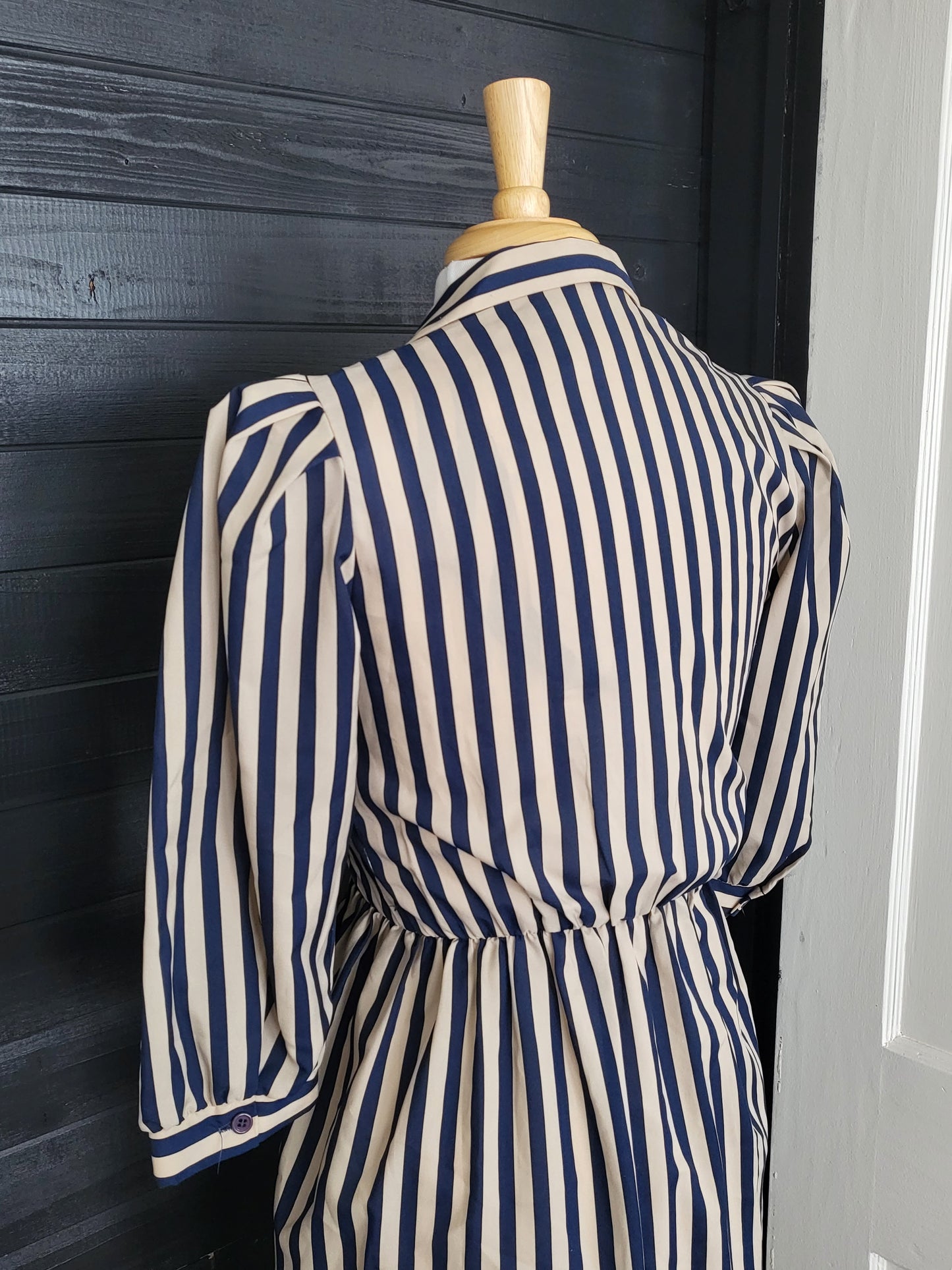 SOLD- Vintage 1980's Act I Petites of New York Puff Sleeve Striped A-Line Dress